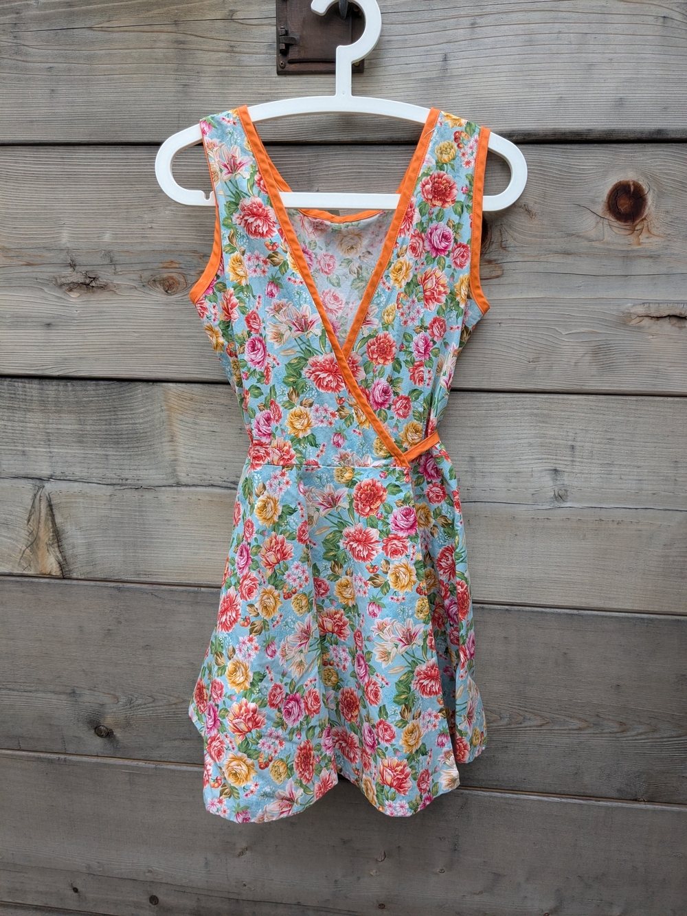 Floral Wrap-Front Mini Dress - Orange Trim, Blue Floral